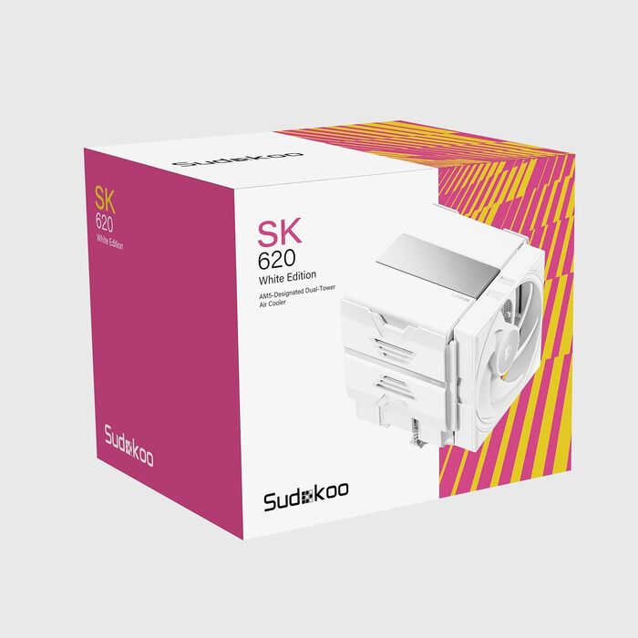 Кулер для процесора Sudokoo SK620 White (AM5): двосекційний повітряний охолоджувач з цифровим дисплеєм, 6 теплотрубками та 2 вентиляторами PWM FDB 120мм, білий
