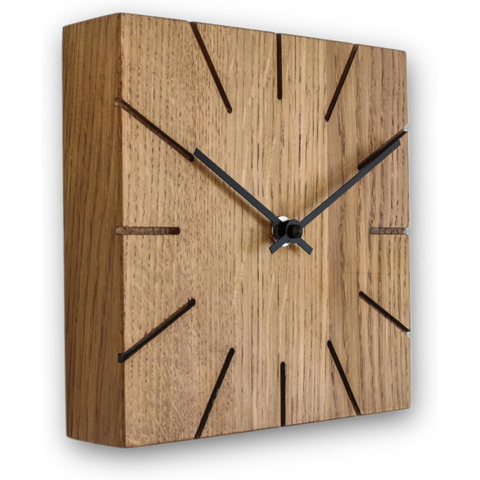 Oak Wall Clock, Table Clock, Desk Clock - Beam - Solid Wood Design 17 x 17 cm (Smoked Oak, Black Hands, Radio Clock Movement)