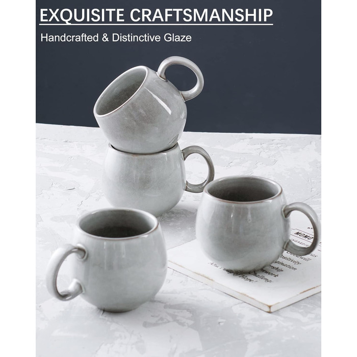Set of 4 porcelain cups, 600mL coffee cup set for 4 people, modern style, breakfast mugs, exquisite tableware set, suitable for dishwashers, light grey