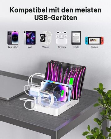 Зарядна станція SooPii USB з органайзером на 6 портів 50W, 6 кабелів, тримач для Apple Watch, біла