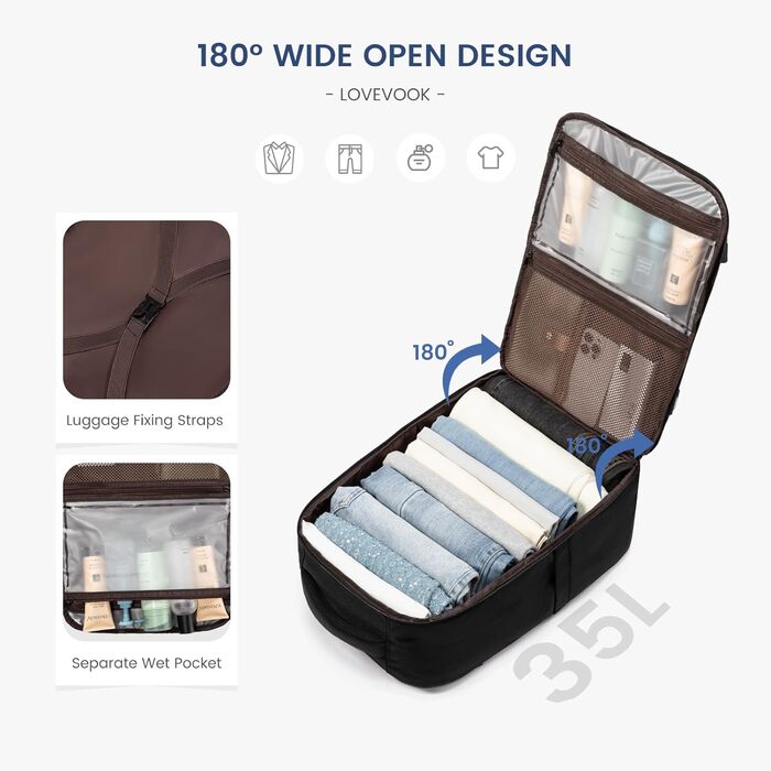 LOVEVOOK Рюкзак ручної об'єм 40л для подорожей, чоловічий/жіночий, з відділенням для ноутбука, Carry On, Cabin Bag (Чорно-сірий, L 45x32x20 см)