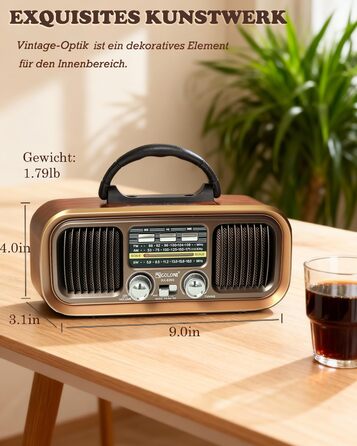 Ретро Радіо Klein з Bluetooth, AM/FM/SW радіо, портативне, з сонячною панеллю, USB/TF картка, подвійний динамік, коричневе