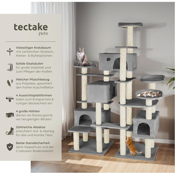 Дерево для котів tectake® велике, з аксесуарами, XXL, 4 будиночки для котів, ігровий комплекс з подряпальною колоною, з сизалю, сірий | 403920