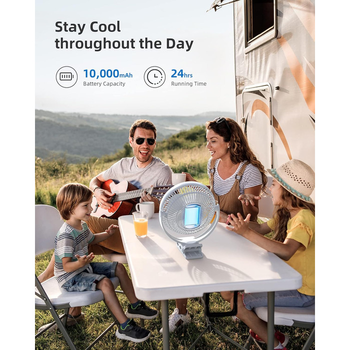 Вентилятор Koonie 10000 mAh з кліпсою, 20 см, портативний USB, акумуляторний, 4 швидкості, 360° оберт, тихий, для дому, офісу, дитячої коляски, кемпінгу, гроубокса (білий)