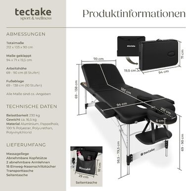 Масажний стіл Tectake® 3 зони, розкладний, з регулюванням висоти, з аксесуарами (ширина без підлокітників: 70 см, чорний)