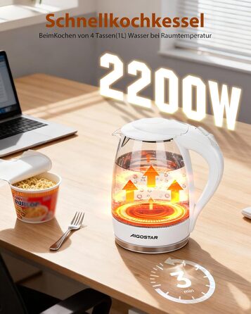 Електричний чайник Aigostar 1.7 л, 2200 Вт, зі скляною колбою, LED-підсвічуванням, без BPA, з фільтром від накипу, чорний (Eve)