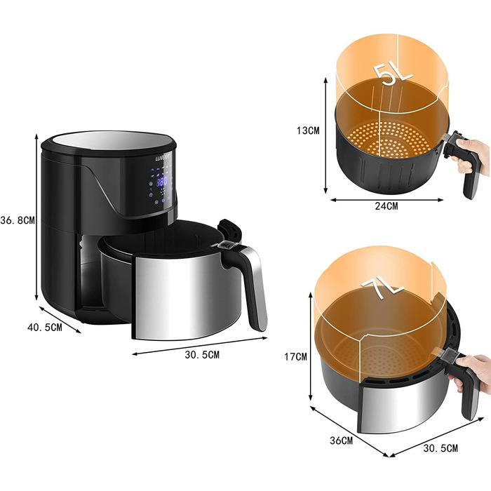 Фритюрниця без олії LLIVEKIT з 2 камерами та скляними вікнами, 4.5L+4.5L, Airfryer 9-в-1, XXL, з сенсорним екраном та таймером