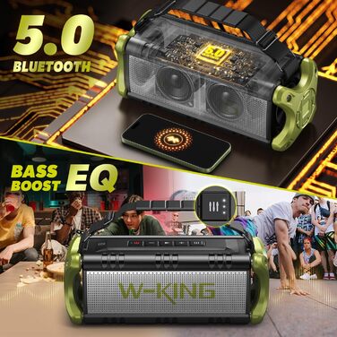 W-KING Портативна Bluetooth Колонка 90W з Глибоким Басом, 40 годин роботи, IPX6, Powerbank, TF-карта, NFC, AUX, Bluetooth 5.0, Зелена