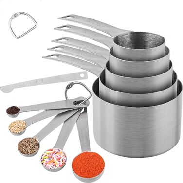 Measuring cup and measuring spoon set, stainless steel, measuring cup and magnetic conversion chart (silver), 13 pieces