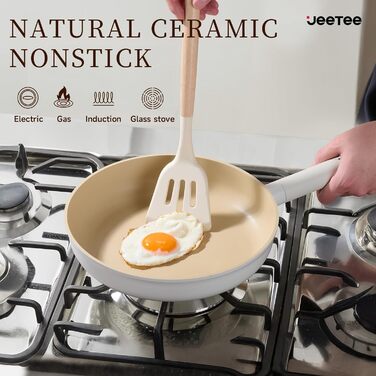 Набір посуду JEETEE 17 предметів з антипригарним покриттям Ceramic, знімні ручки, каструлі 16/20/24 см, сковороди 24/28 см, глибока сковорода 28 см, для всіх типів плит, сумісний з духовкою, бежевий