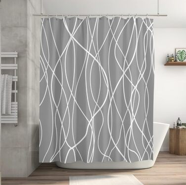 Шторка для душу M&W Design з поліестеру, з лініями, антигрибкова, водовідштовхувальна, з 12 C-кільцями, з обтяженим краєм, мінімалістичний дизайн, стійка до вицвітання, 180x200 см, білий (H200 x B180 см, упаковка 1 шт.), сірий