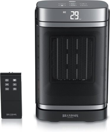 Керамічний обігрівач Brandson з дистанційним керуванням, тихий, енергозберігаючий, з функцією осциляції, ECO-режимом, дитячим замком та таймером. Підходить для ванної, вітальні, офісу, дитячої кімнати.