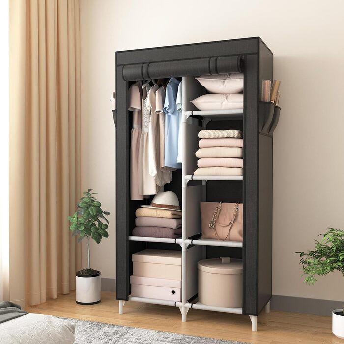 Wardrobe, Portable Fabric Clothes Closet with Clothes Rod, 6 Shelves, 4 Side Pockets, and Cover, Sturdy Clothes Racks for Bedroom Dressing Room (Black, 84 x 42 x 162 cm)