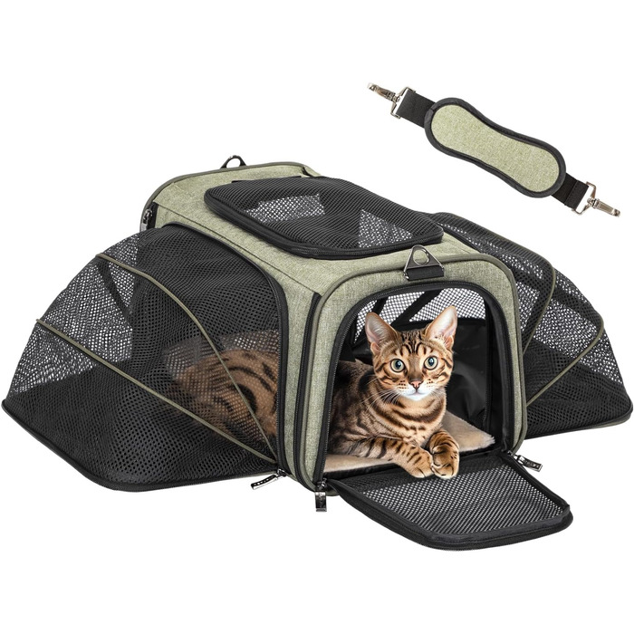 Транспортна сумка для кота Petsfit, схвалена авіаперевізниками, розширювана, зелена, розмір S, 41x25x23 см