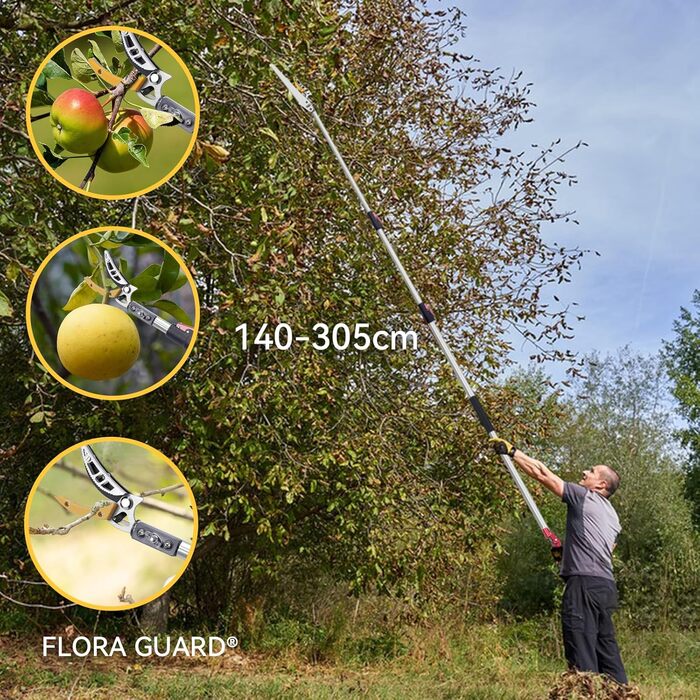 Телескопічний секатор FLORA GUARD 1,4–3,05 м для свіжих гілок і дерев, садова пила з лезом SK5 3D, обрізка та збір плодів