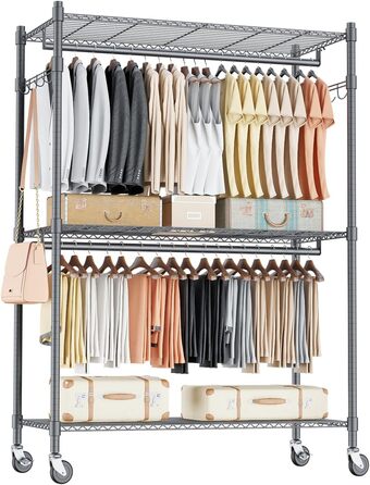 Double Clothes Rack/Garment Rod with Adjustable Shelves, Heavy-Duty Clothes Rack with 2 Hooks, Clothes Rack with Wheels, 90 * 42 * 205cm, White (Gray, 90*42*205cm)