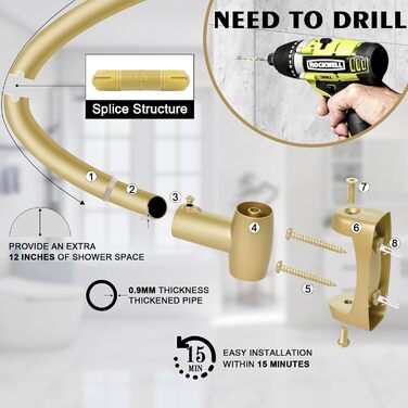 Вигнута штанга для душової завіси YNL, 89-203 см, золота, кругла, нержавіюча сталь, для ванної кімнати та ванни, регульована, розширювана, антикорозійна