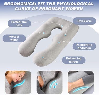 Подушка для вагітних Avmvnvc U-подібної форми, велика, для сну на боці, знімний чохол з джерсі (сірий)