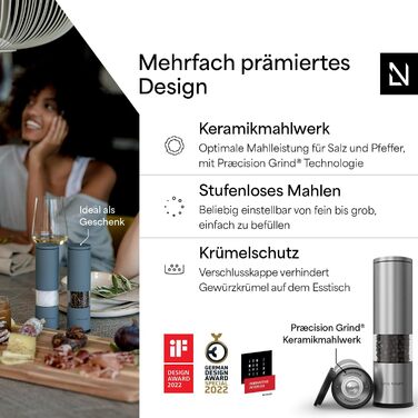 Набір ручних мельниць для солі та перцю LARS NYSØM з регульованим керамічним жорном | Набір з 2 штук з нержавіючої сталі | Дизайн