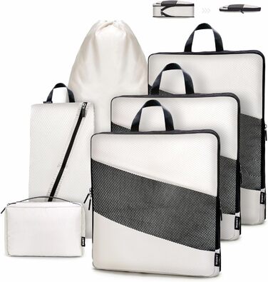 Набір органайзерів для валізи з компресією, 6 шт. - Кубики для пакування одягу, білий (Elfenbein) - Організація багажу в дорогу