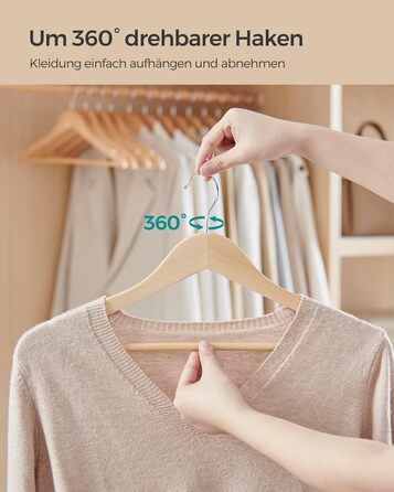 SONGMICS Wooden Clothes Hangers, 24-Piece Set, Wooden Hangers, Shoulder Indentations, Trouser Bar, Trouser Hanger, 360° Swivel Hook, for Jackets, Shirts, Coats, Natural Beige CRW010N24