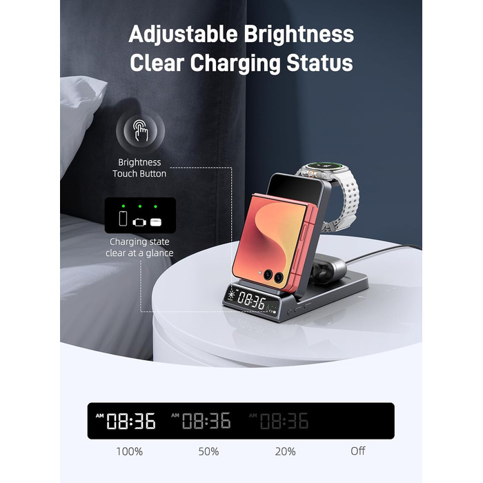 Бездротовий зарядний пристрій 3-в-1 для Samsung Galaxy S26/S25/Z Fold 7/Flip 7/Buds 3/2, Watch 8/7/6/5 Pro - сірий