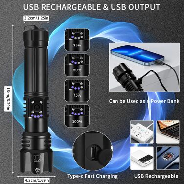 LED ліхтарик на акумуляторі, надзвичайно яскравий 1200000 люмен, з функцією зуму, тактичний, з 5 режимами, водонепроникний IP67, для кемпінгу, риболовлі, туризму, активного відпочинку та надзвичайних ситуацій (P70-kit)