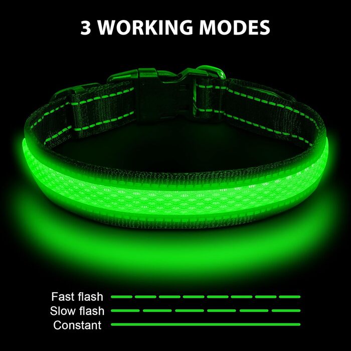 Світловідбиваючий нашийник для собак AUAUY з LED підсвіткою, USB-зарядка, водонепроникний, регульований, безпечний, 6 кольорів (-S), S(11.8-15.7'/30-40 cm) (Зелений)