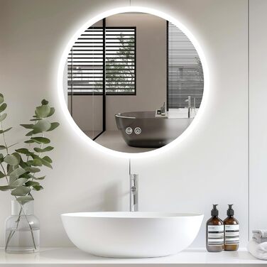 LED дзеркало для ванної кімнати з підсвічуванням Round - регульоване з 3 кольорами світла (3500K-6500K), сенсорний вимикач, запобігає запотіванню - дзеркало для ванної кімнати з підсвічуванням для макіяжу та гоління (70см)