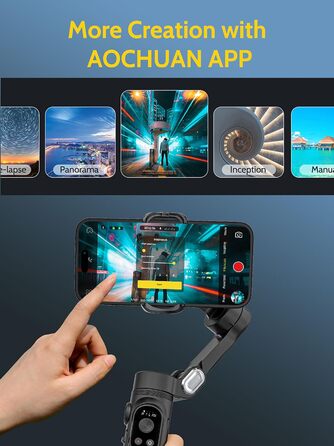 Стабілізатор для смартфона AOCHUAN 3-осьовий з функцією розпізнавання обличчя, вбудованим світлом та 1/4 дюйма різьбою. Підходить для iPhone 16/15 Pro, Android, TikTok-влогів. Чорний.