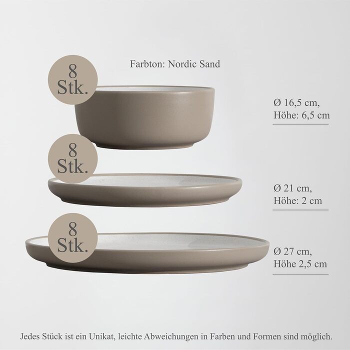 Сервіз Hausfelder для 8 осіб, 32 деталі, кераміка – 24-х предметний набір посуду з тарілок, мисок та чашок – стійкий до миття в посудомийній машині, сучасний дизайн (Nordic Sand)