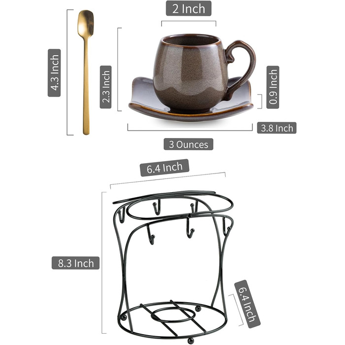 Набір кавових чашок для еспресо LYEOBOH (6 шт.) з підставками, 85 мл, кераміка, білий (A-brown)