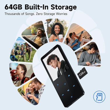 MP3 плеєр 64GB з Bluetooth 5.3, чорний: портативний музичний плеєр з динаміком, диктофоном, FM-радіо, підтримкою карт пам'яті до 128GB