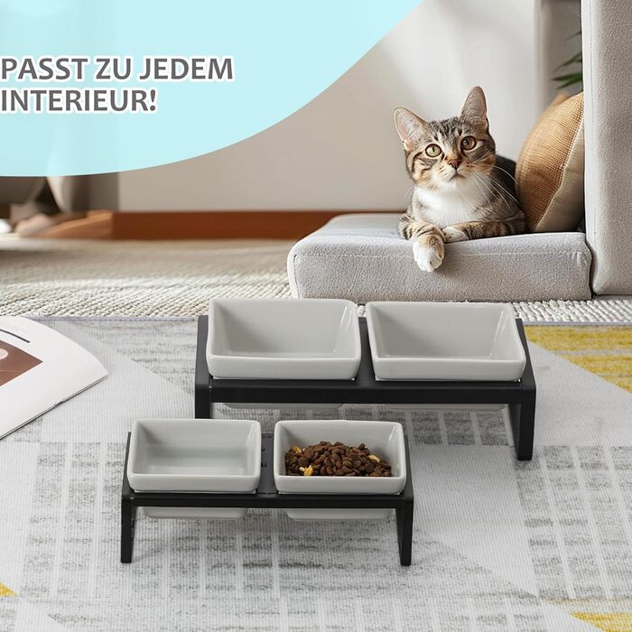 Сіра миска для кота з піднятим краєм - подвійна керамічна миска проти блювоти, легко миється, 2 x 480 мл, сірий колір