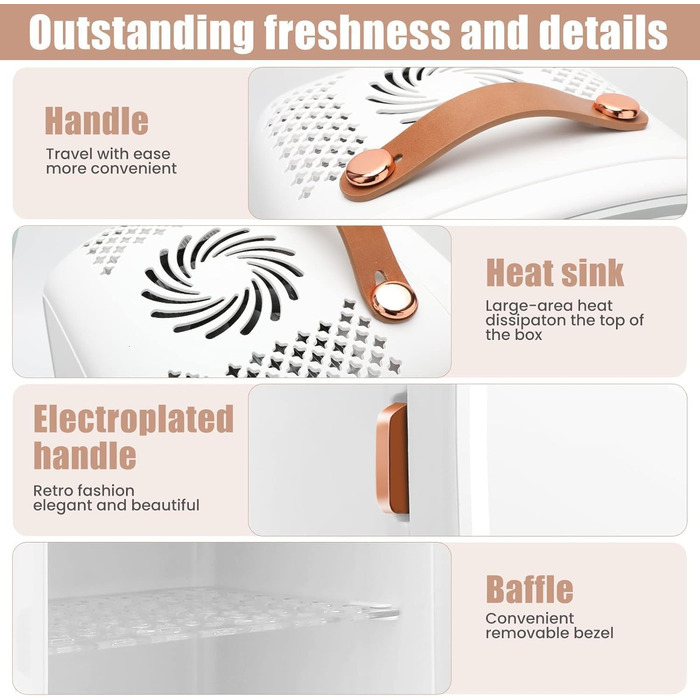 Міні-холодильник KFO Ultra-тихий (20 дБ) з LED-дзеркалом для косметики та напоїв, 220V AC/ 12V DC, термоелектричне охолодження та нагрівання, білий (6 л)