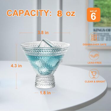 Набір келихів для Мартіні без ніжки 6 шт, 237 мл Martini - для Маргарити, Манхеттена, Космополітена, прозорі, для бару, можна мити в посудомийній машині