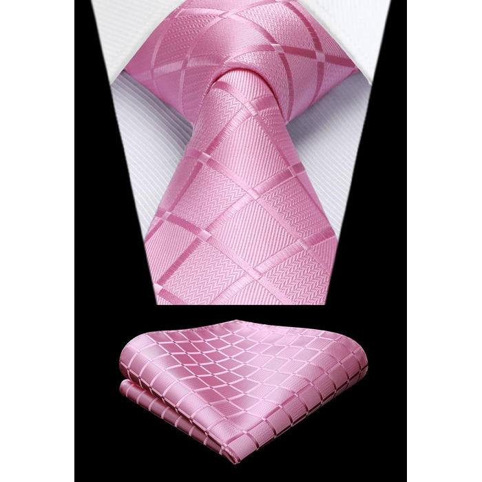 HISDERN Комплект краватки та нагрудного хустинки в клітинку для чоловіків (K Рожевий)