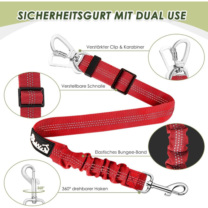 Автогурт для собак у машину, 2 шт. - безпечний ремінь з амортизатором, універсальний з'єднувач, для подорожей та їзди в авто (червоний)