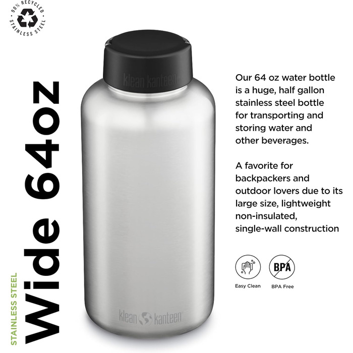 KleanKanteen® Wide Mouth Water Bottle Brushed Stainless Steel One Size