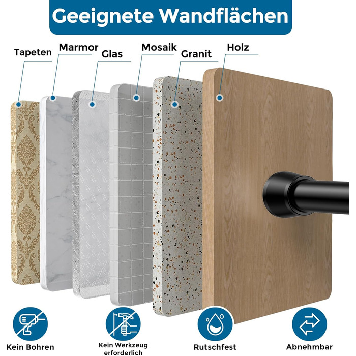 Штанга для штор без свердління AIZESI 70-120см, телескопічна, чорна, діаметр 22мм