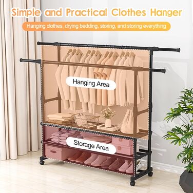 MONKLE - Clothes Rack, Garment Rack, Rolling Garment Rack, Stable Clothes Rack with 3 Storage Shelves, Extendable Double Clothes Rail