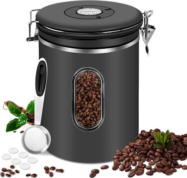 Герметичний контейнер для кави з нержавіючої сталі, 2,8 л, з CO2-вентилем та індикатором дати - для кавових зерен, кави, чаю, горіхів, какао, з мірною ложкою