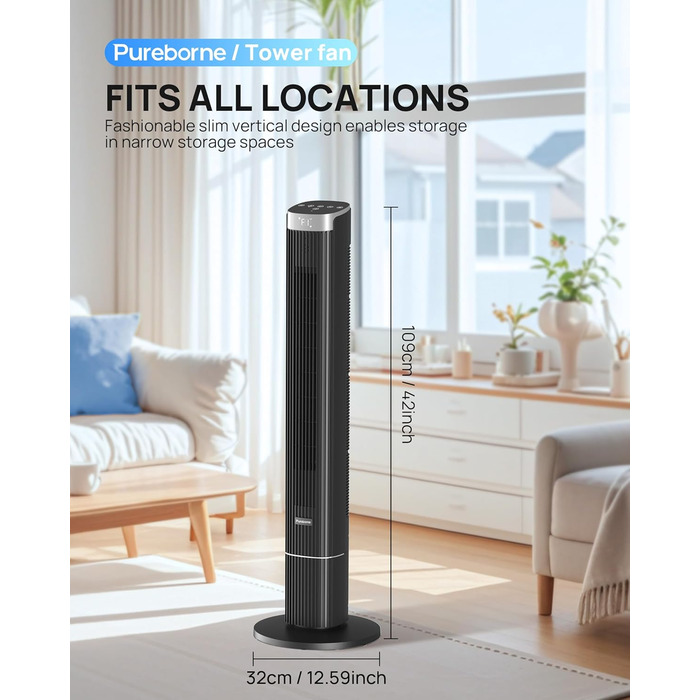 Вентилятор Pureborne Leiser: Турбо-вентилятор з осциляцією 90°, Wi-Fi, пульт, 4 режими, таймер 12 год, чорний, 102 см