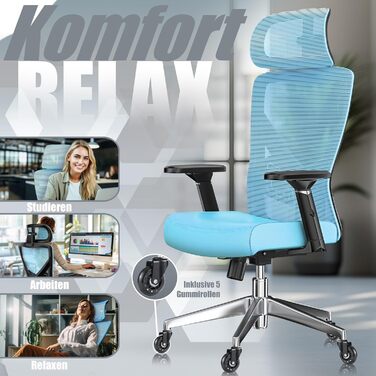 Крісло офісне KESSER® ергономічне з регульованими підлокітниками, поворотне з підтримкою попереку, з підголівником, функція гойдання до 125° та 5 роликів, блакитне/сріблясте