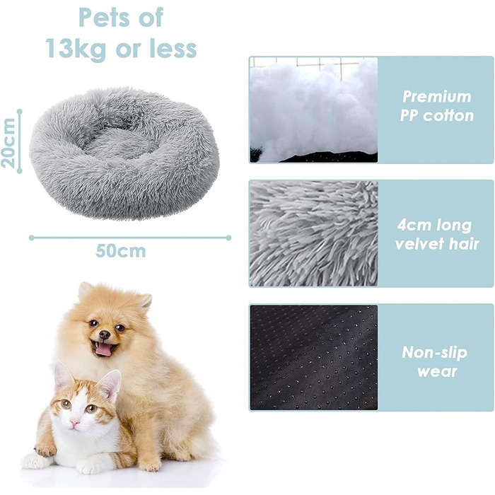 Кругле ліжко для котів та маленьких собак 50x50 см, плюшеве, м'яке, знямне, для дому, кольору імбиру (світло-сірий)