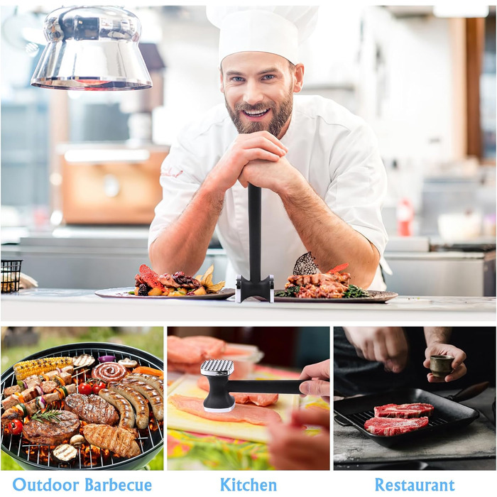 Топчик для відбивання м'яса Deepton з цинкової сплави, 24 см, двосторонній, з неслизькою ручкою, срібного кольору. Ідеально для відбивання шніцелів, яловичини, курки.