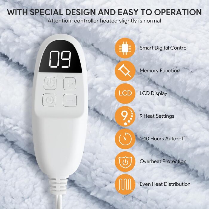 Електрична ковдра Olycism з автовимкненням, 160x130 см, 10 режимів нагріву, таймер, захист від перегріву, для дому та офісу, сіра