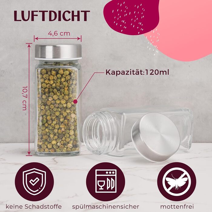 Square Spice Jars [24 x 120 ml] Spice Containers with 301 Labels, Stainless Steel Lids | Spice Jar Set | Spice Storage, Spice Glass, Spice Organizer, Shaker Insert