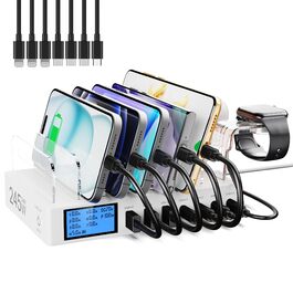 Зарядна станція 245W USB для 7 пристроїв з LCD-дисплеєм, кабелями та тримачем для iWatch, чорна - для iPhone, планшетів та іншої електроніки