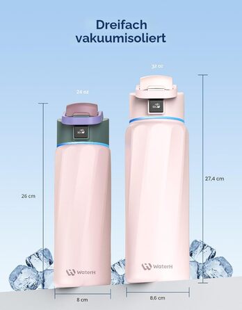 Розумна пляшка для води WATERH Boost з нагадуванням та трекером, 946 мл, нержавіюча сталь, рожева